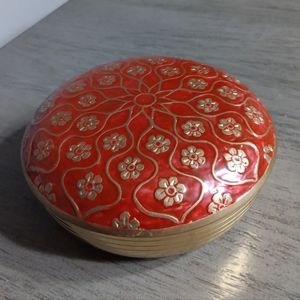 Solid Brass Round Red Lacquer 4.5" Jewelry/Trinket Box 2-pc Heavy Century